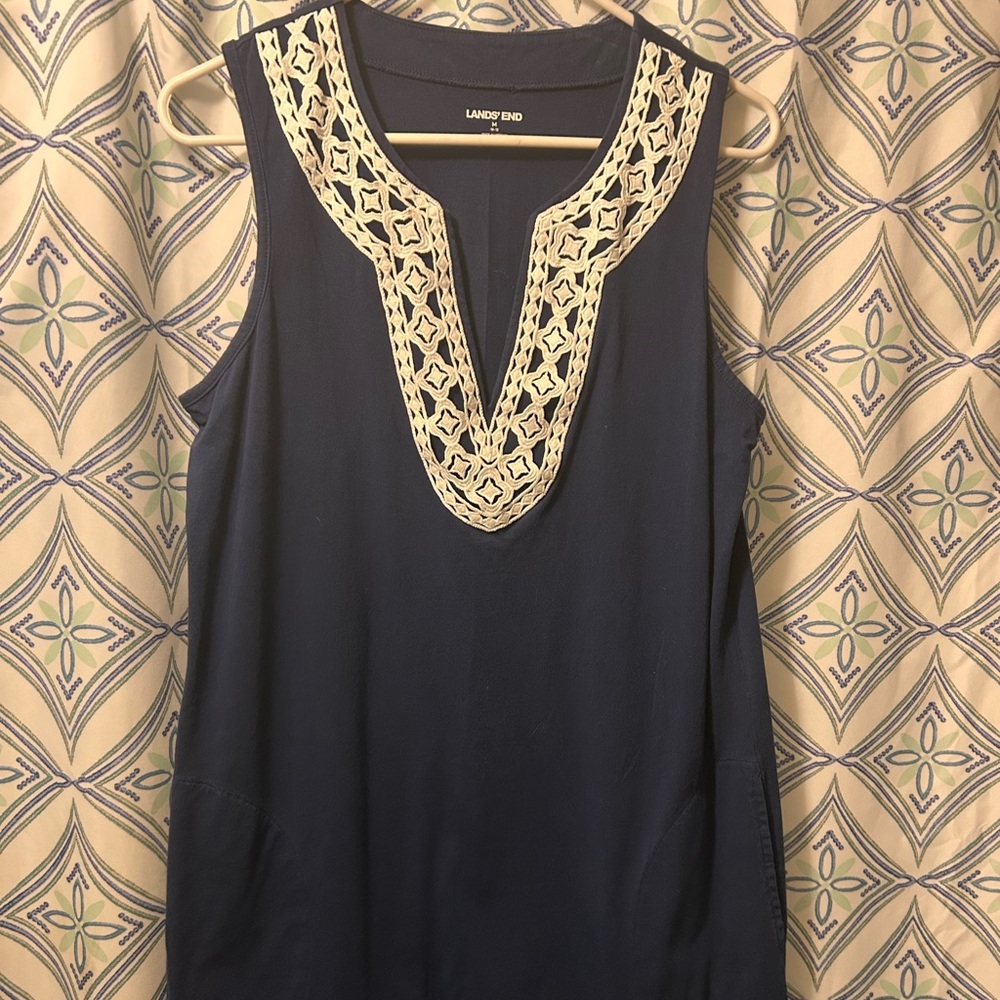 NWOT LAND’S END Navy Blue Women's Dress/Tunic with Cream Embroidery, sleeveless - Picture 3 of 10